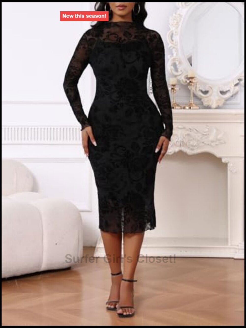 Sexy Sheer Mesh Bodycon Midi Dress 2 Piece Set Long Sleeve Date Night - Picture 6 of 7